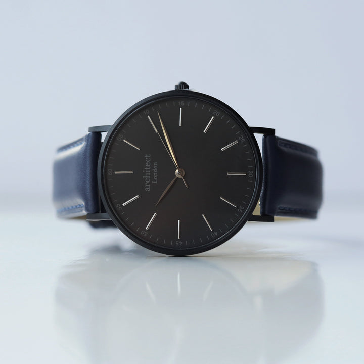 Buy Personalised Modern Font Engraved Men's Minimalist Watch + Admiral Blue Strap available now at www.giftsfinder.co.uk