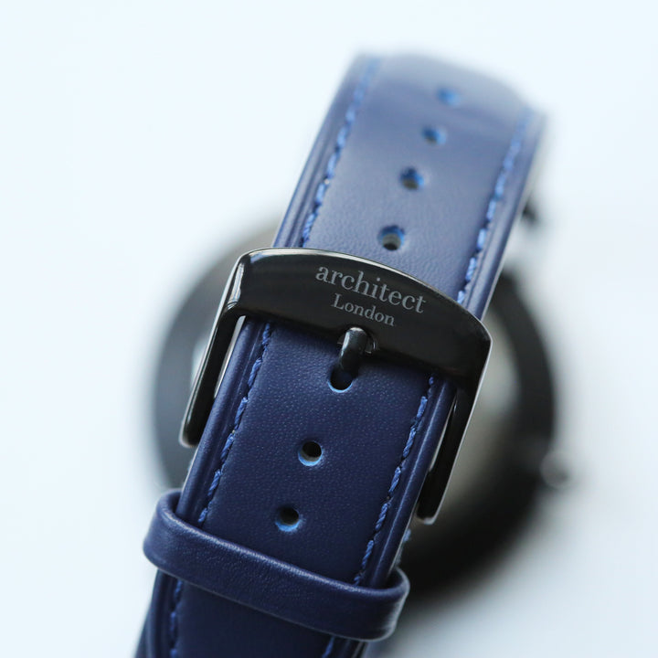 Buy Personalised Modern Font Engraved Men's Minimalist Watch + Admiral Blue Strap available now at www.giftsfinder.co.uk