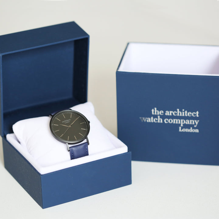 Buy Personalised Modern Font Engraved Men's Minimalist Watch + Admiral Blue Strap available now at www.giftsfinder.co.uk