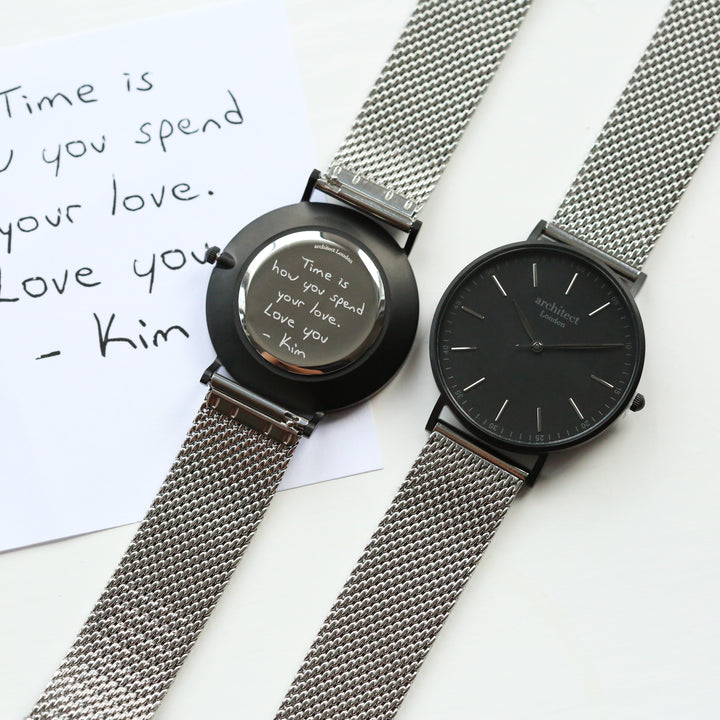 Buy Personalised Handwriting Engraved Men's Minimalist Watch + Steel Silver Mesh Strap available now at www.giftsfinder.co.uk