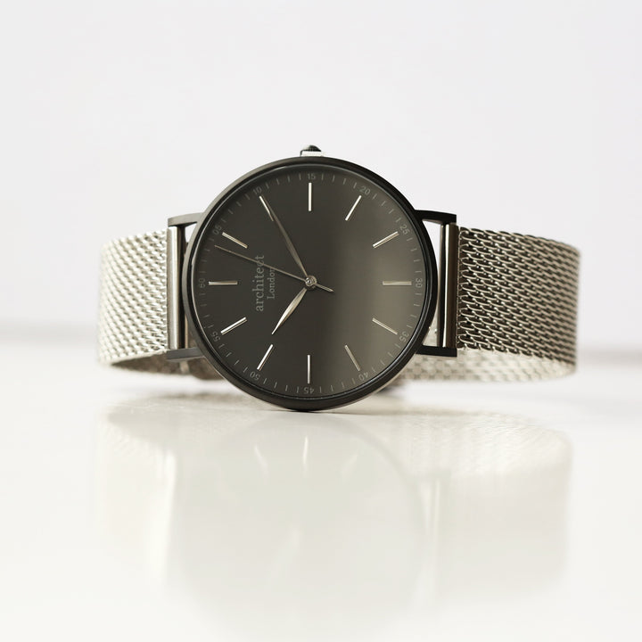 Buy Personalised Handwriting Engraved Men's Minimalist Watch + Steel Silver Mesh Strap available now at www.giftsfinder.co.uk