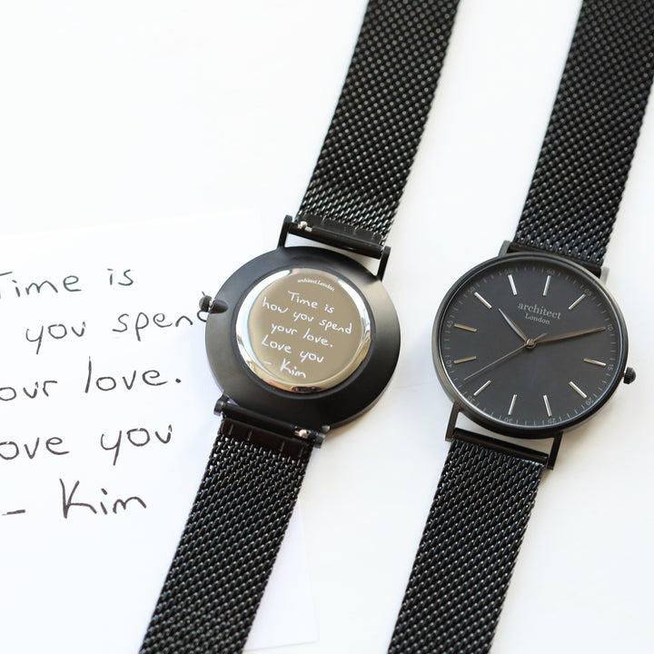 Buy Personalised Handwriting Engraved Men's Minimalist Watch + Pitch Black Mesh Strap available now at www.giftsfinder.co.uk