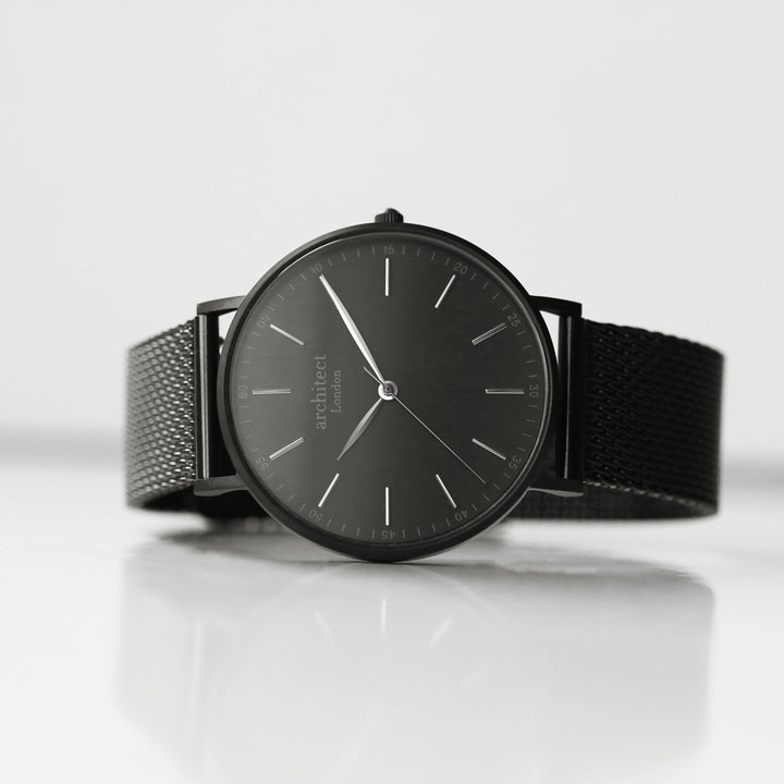 Buy Personalised Handwriting Engraved Men's Minimalist Watch + Pitch Black Mesh Strap available now at www.giftsfinder.co.uk