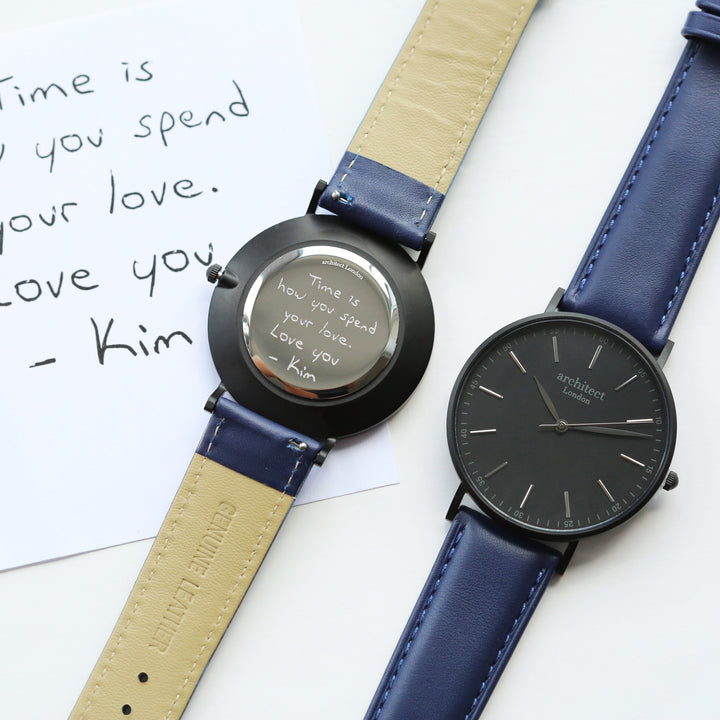 Buy Personalised Handwriting Engraved Men's Minimalist Watch + Admiral Blue Strap available now at www.giftsfinder.co.uk