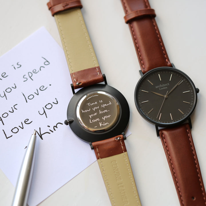 Buy Personalised Handwriting Engraved Men's Minimalist Watch + Walnut Strap available now at www.giftsfinder.co.uk