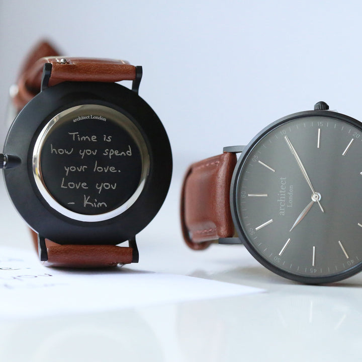 Buy Personalised Handwriting Engraved Men's Minimalist Watch + Walnut Strap available now at www.giftsfinder.co.uk