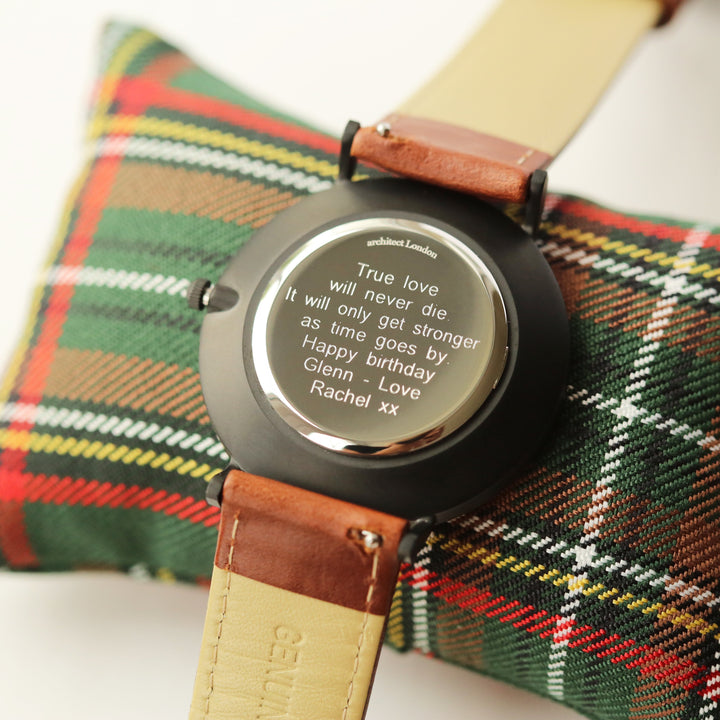 Buy Personalised Modern Font Engraved Men's Minimalist Watch + Walnut Strap available now at www.giftsfinder.co.uk