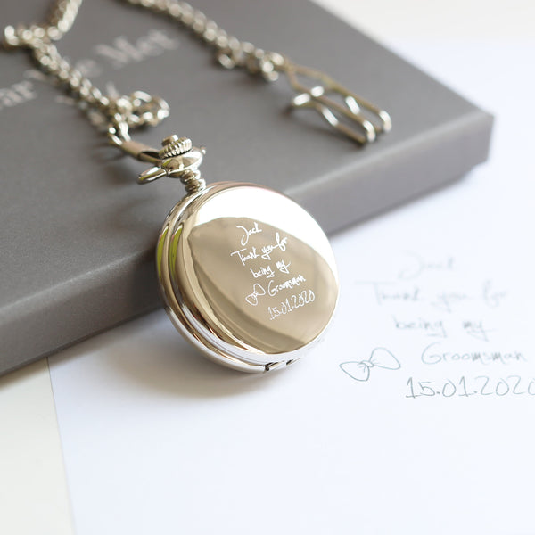 Buy Personalised Handwriting Engraved Roman Skeleton Pocket Watch available now at www.giftsfinder.co.uk