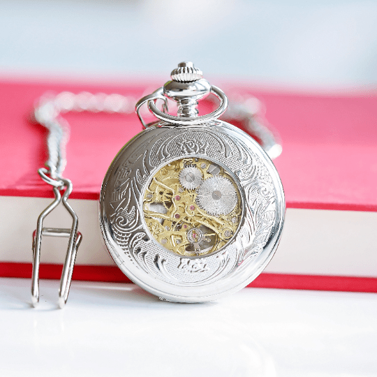 Buy Personalised Handwriting Engraved Roman Skeleton Pocket Watch available now at www.giftsfinder.co.uk