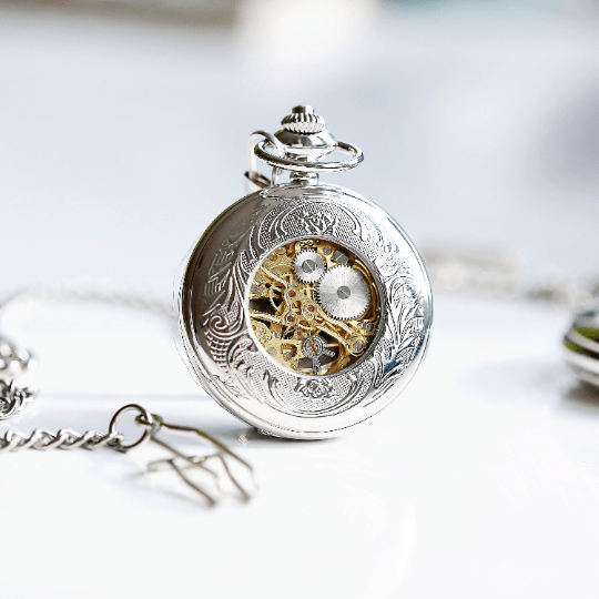 Buy Personalised Handwriting Engraved Roman Skeleton Pocket Watch available now at www.giftsfinder.co.uk