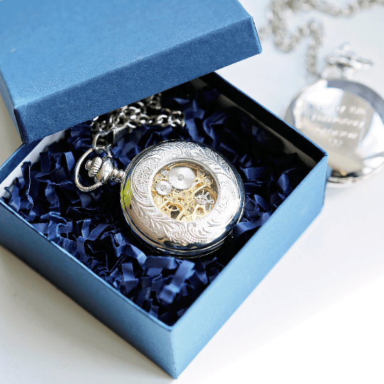 Buy Personalised Handwriting Engraved Roman Skeleton Pocket Watch available now at www.giftsfinder.co.uk