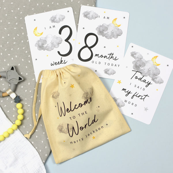 Buy Personalised Cloud Baby Milestone Cards In Drawstring Bag available now at www.giftsfinder.co.uk