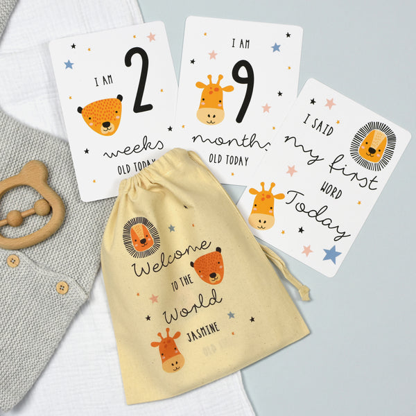 Personalised Scandi Safari Animals Milestone Cards in Drawstring Bag in gift category Personalised Bags