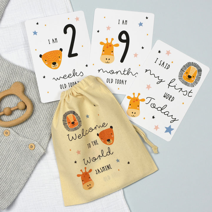 Personalised Scandi Safari Animals Milestone Cards In Drawstring Bag - part of the Gifts Finder Personalised Bags collection