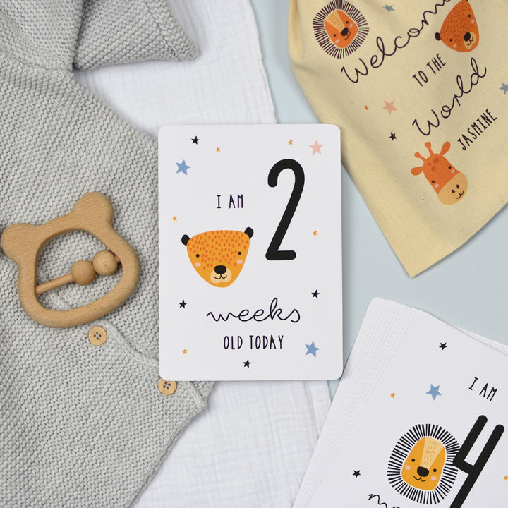 Personalised Scandi Safari Animals Milestone Cards In Drawstring Bag - part of the Gifts Finder Personalised Bags collection