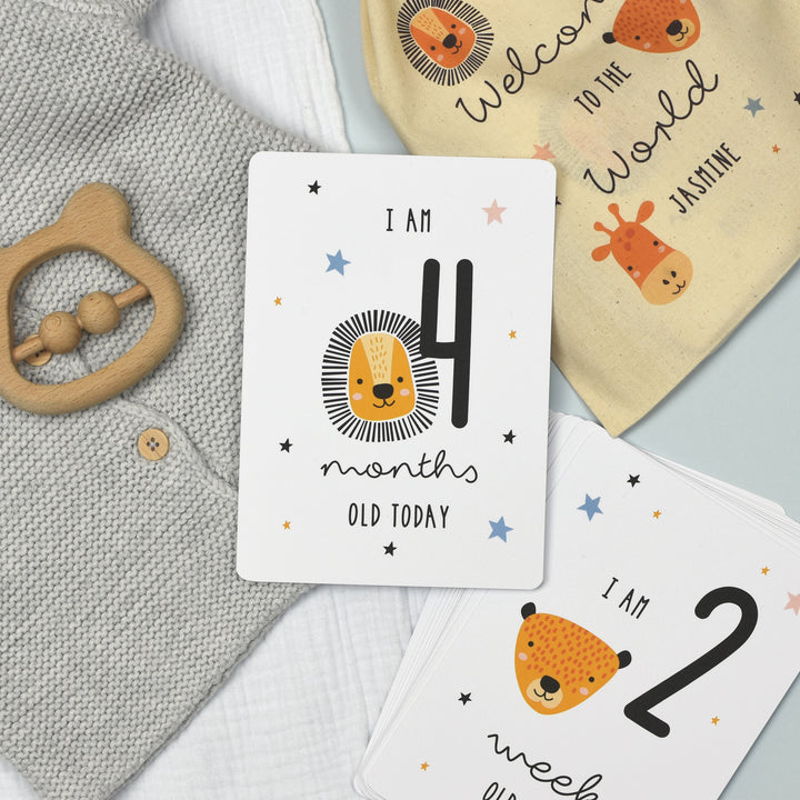 Personalised Scandi Safari Animals Milestone Cards In Drawstring Bag - part of the Gifts Finder Personalised Bags collection