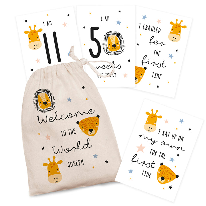 Personalised Scandi Safari Animals Milestone Cards In Drawstring Bag - part of the Gifts Finder Personalised Bags collection