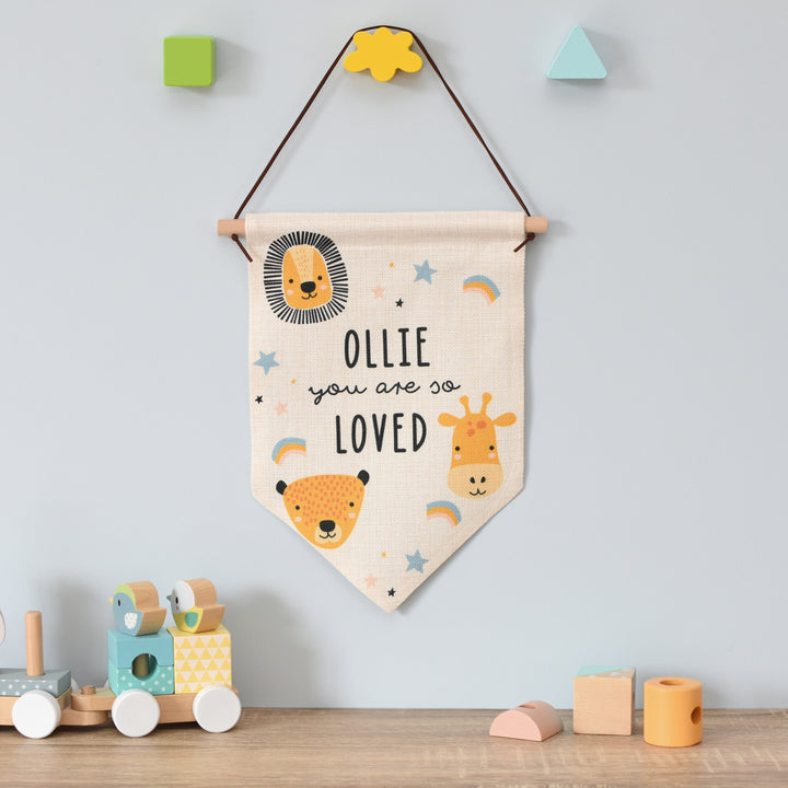 Personalised Scandi Safari Animals Hanging Banner in gift category Personalised Banners