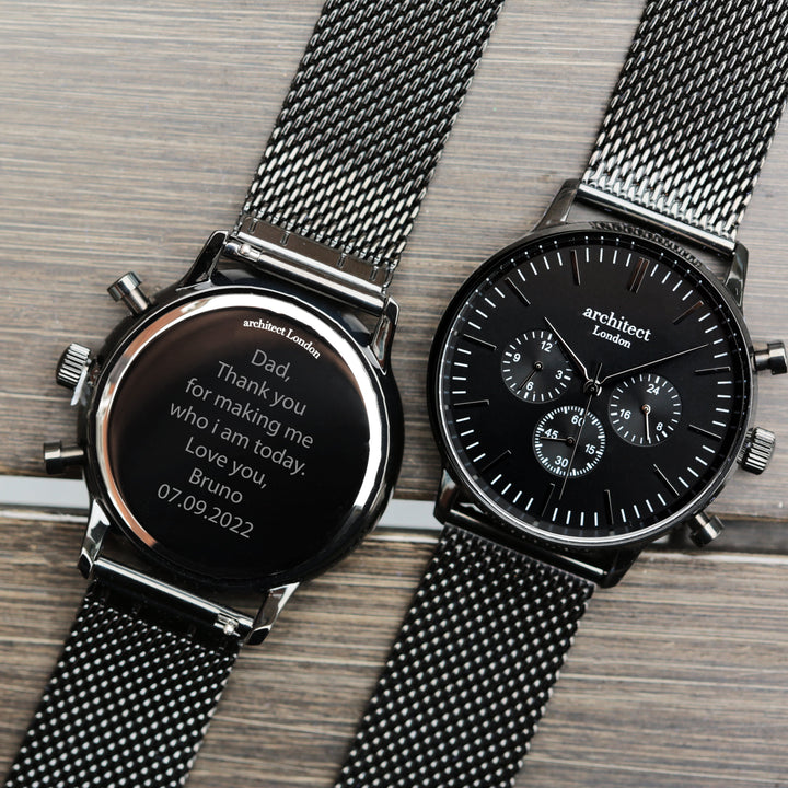 Men's Architect Motivator In Black With Black Mesh Strap - Modern Font Engraving - Wear We Met