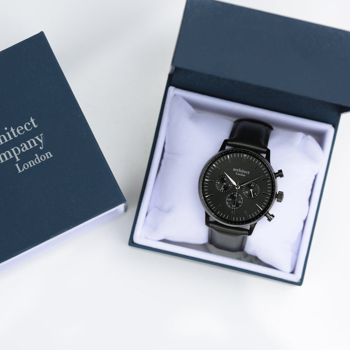 Handwriting Engraving - Men's Architect Motivator in Black with Black Leather Strap - Wear We Met