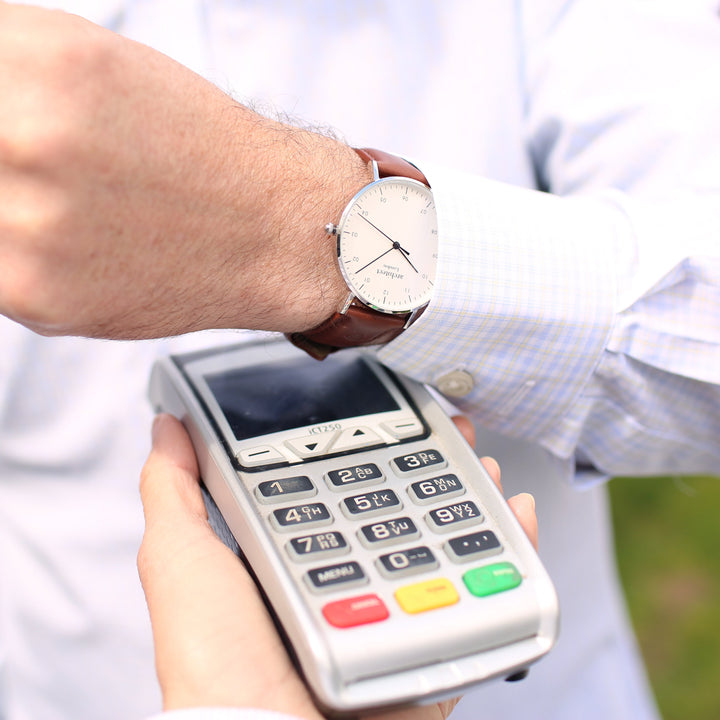 Contactless Payment Watch Men's Architect Zephyr + Walnut Strap + Modern Font Engraving 