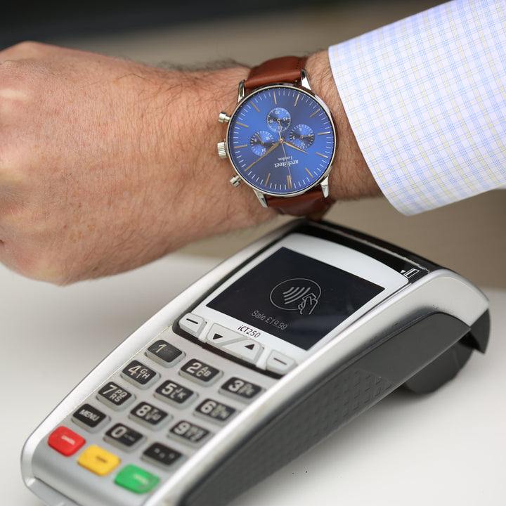 Contactless Payment Watch - Men's Blue Motivator + Walnut Strap + Own Handwriting Engraving - Wear We Met