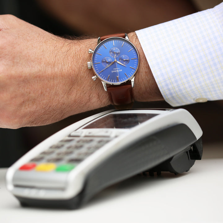 Contactless Payment Watch - Men's Blue Motivator + Walnut Strap + Modern Font Engraving - Wear We Met