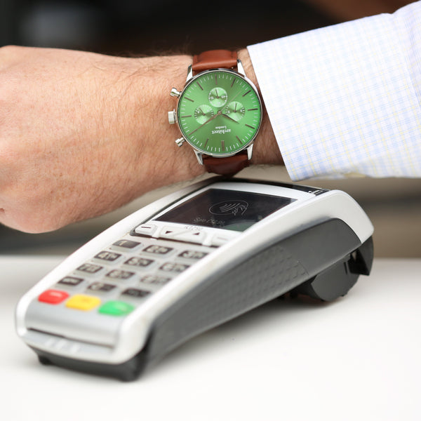 Contactless Payment Watch Men's Envy Green Motivator + Walnut Strap + Modern Font Engraving 