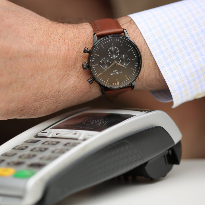 Contactless Payment Watch - Men's Motivator + Walnut Strap + Modern Font Engraving - Wear We Met