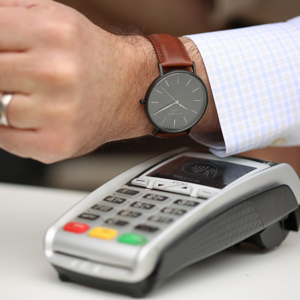 Contactless Payment Watch Men's Architect Minimalist + Walnut Strap + Own Handwriting Engraving 