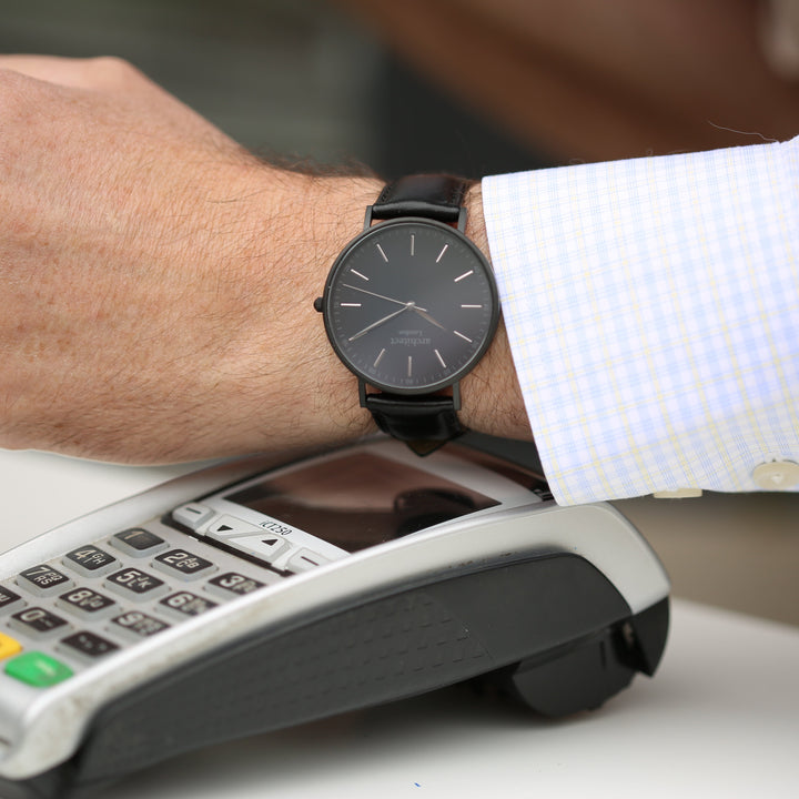 Contactless Payment Watch Men's Architect Minimalist + Jet Black Strap + Own Handwriting Engraving 