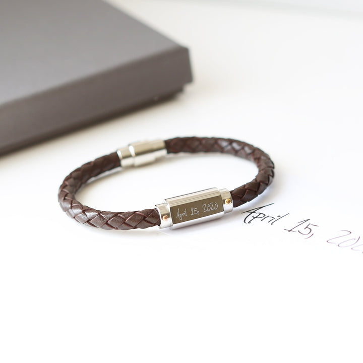 Handwriting Engraved Twisted Leather Bracelet - 