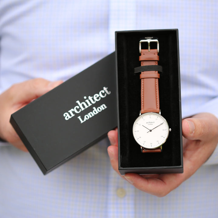 Contactless Payment Watch - Men's Architect Zephyr + Walnut Strap + Modern Font Engraving - Wear We Met