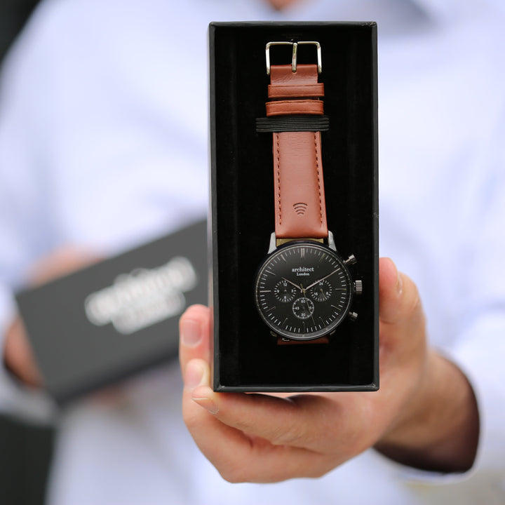 Contactless Payment Watch - Men's Motivator + Walnut Strap + Modern Font Engraving - Wear We Met