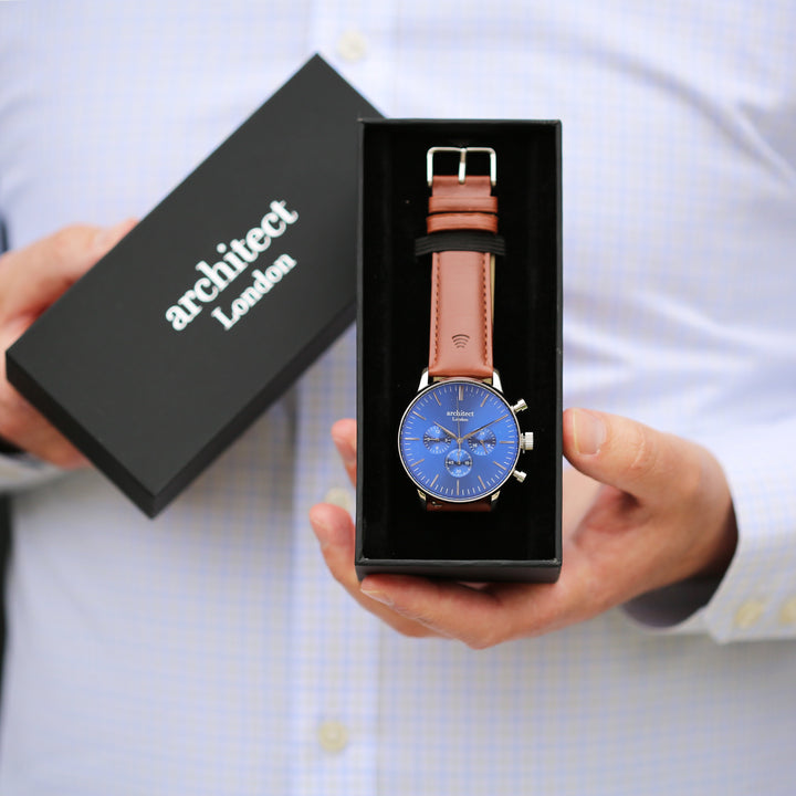 Contactless Payment Watch - Men's Blue Motivator + Walnut Strap + Modern Font Engraving - Wear We Met