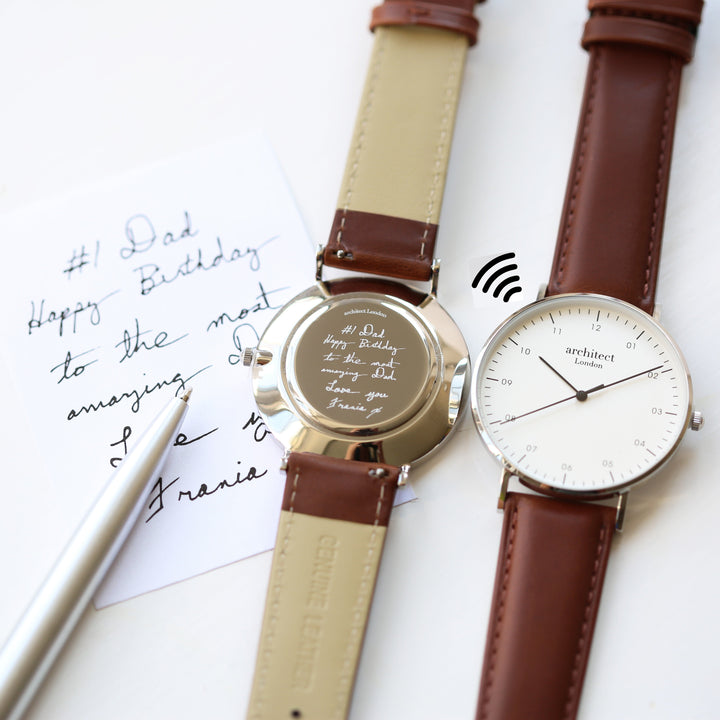 Contactless Payment Watch - Men's Architect Zephyr + Walnut Strap + Own Handwriting Engraving - Wear We Met