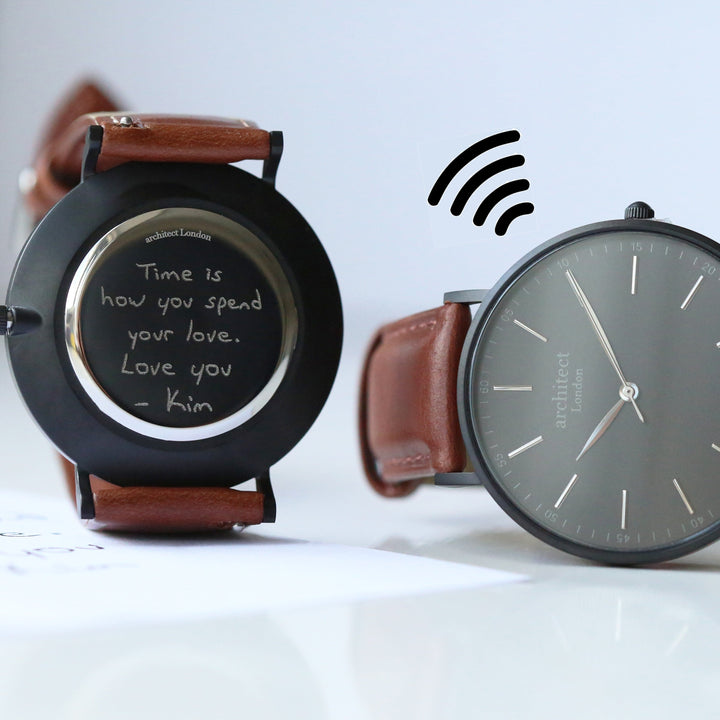 Contactless Payment Watch - Men's Architect Minimalist + Walnut Strap + Own Handwriting Engraving - Wear We Met