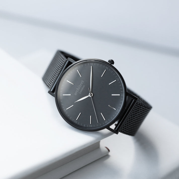 Handwriting Engraving - Men's Minimalist Watch + Pitch Black Mesh Strap - Wear We Met