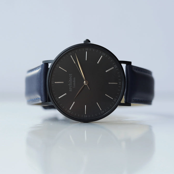 Modern Font Engraving - Men's Minimalist Watch + Admiral Blue Strap - Wear We Met