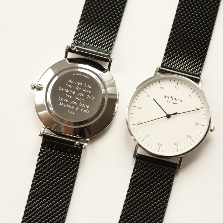 Modern Font Engraving - Men's Architect Zephyr + Pitch Black Mesh Strap - Wear We Met