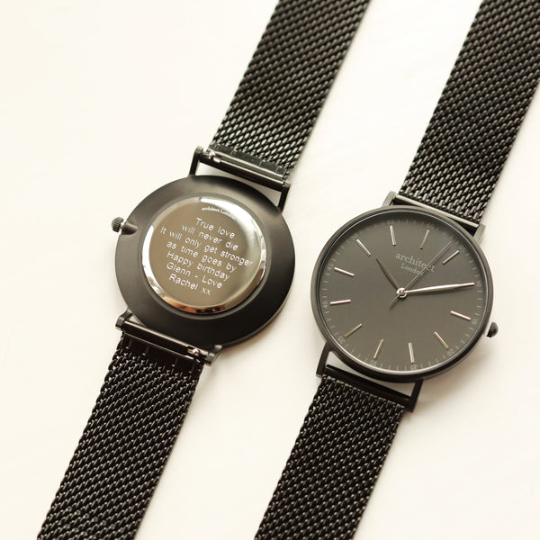 Modern Font Engraving - Men's Minimalist Watch, Pitch Black Mesh Strap - part of the Personalised Watches collection