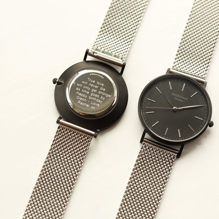 Modern Font Engraving - Men's Minimalist Watch + Steel Silver Mesh Strap - Wear We Met