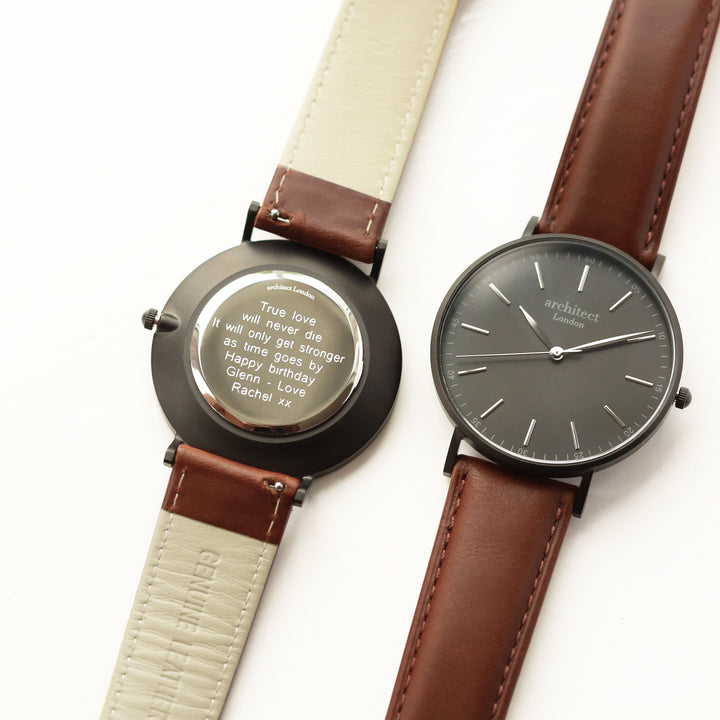 Contactless Payment Watch - Men's Minimalist + Walnut Strap + Modern Font Engraving - Wear We Met