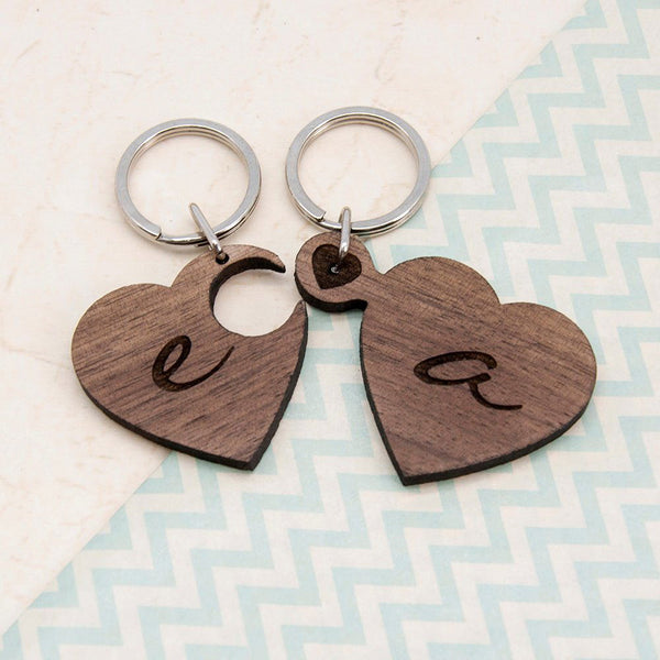 2 Heart Jigsaw Wooden Key Ring - Couple Initials (Personalised Keyrings) available to buy now at www.giftsfinder.co.uk