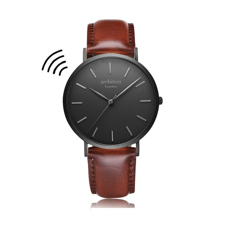 Contactless Payment Watch - Men's Minimalist + Walnut Strap + Modern Font Engraving - Wear We Met