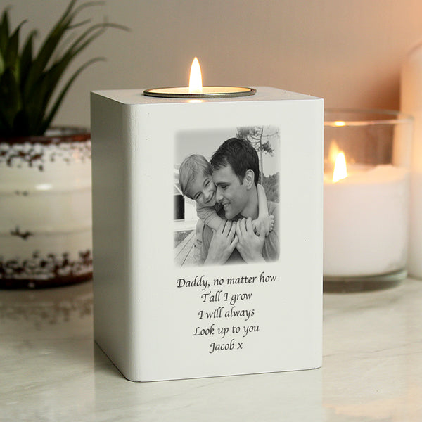 Buy Personalised Photo Upload White Wooden Tea light Holder at www.giftsfinder.co.uk