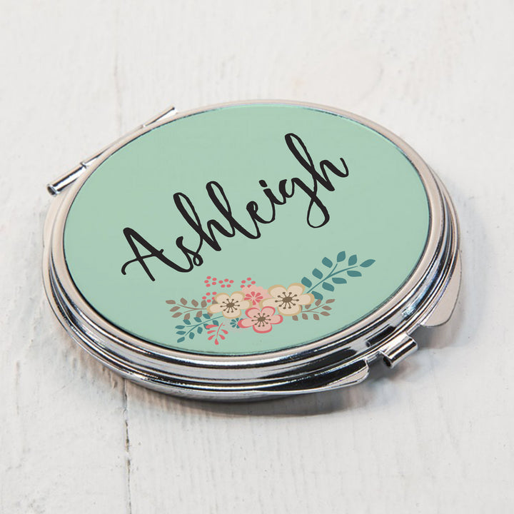 Buy Personalised Green Floral Compact Mirror available now at www.giftsfinder.co.uk