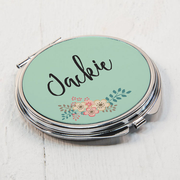 Buy Personalised Green Floral Compact Mirror available now at www.giftsfinder.co.uk