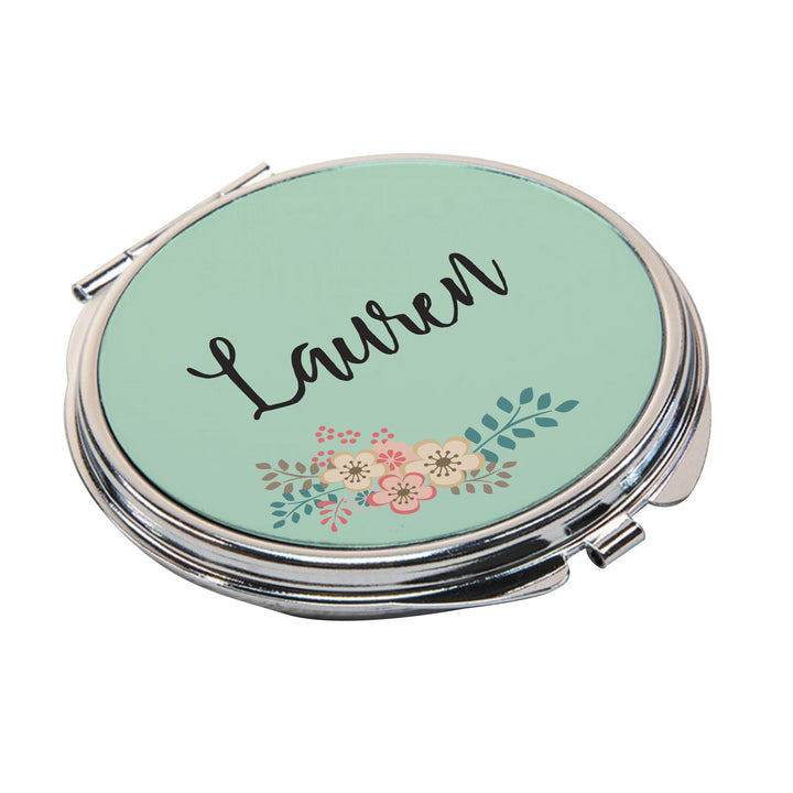 Buy Personalised Green Floral Compact Mirror available now at www.giftsfinder.co.uk