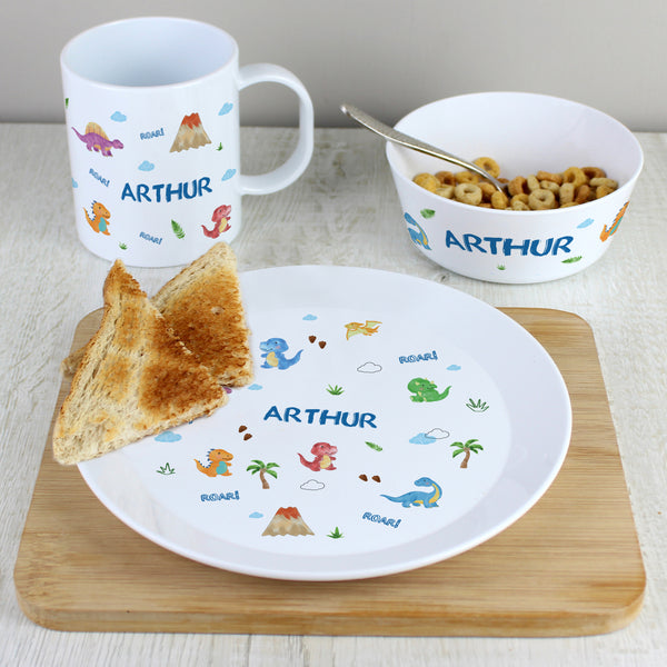 Buy Personalised Dinosaur Plastic Breakfast Set available now at www.giftsfinder.co.uk